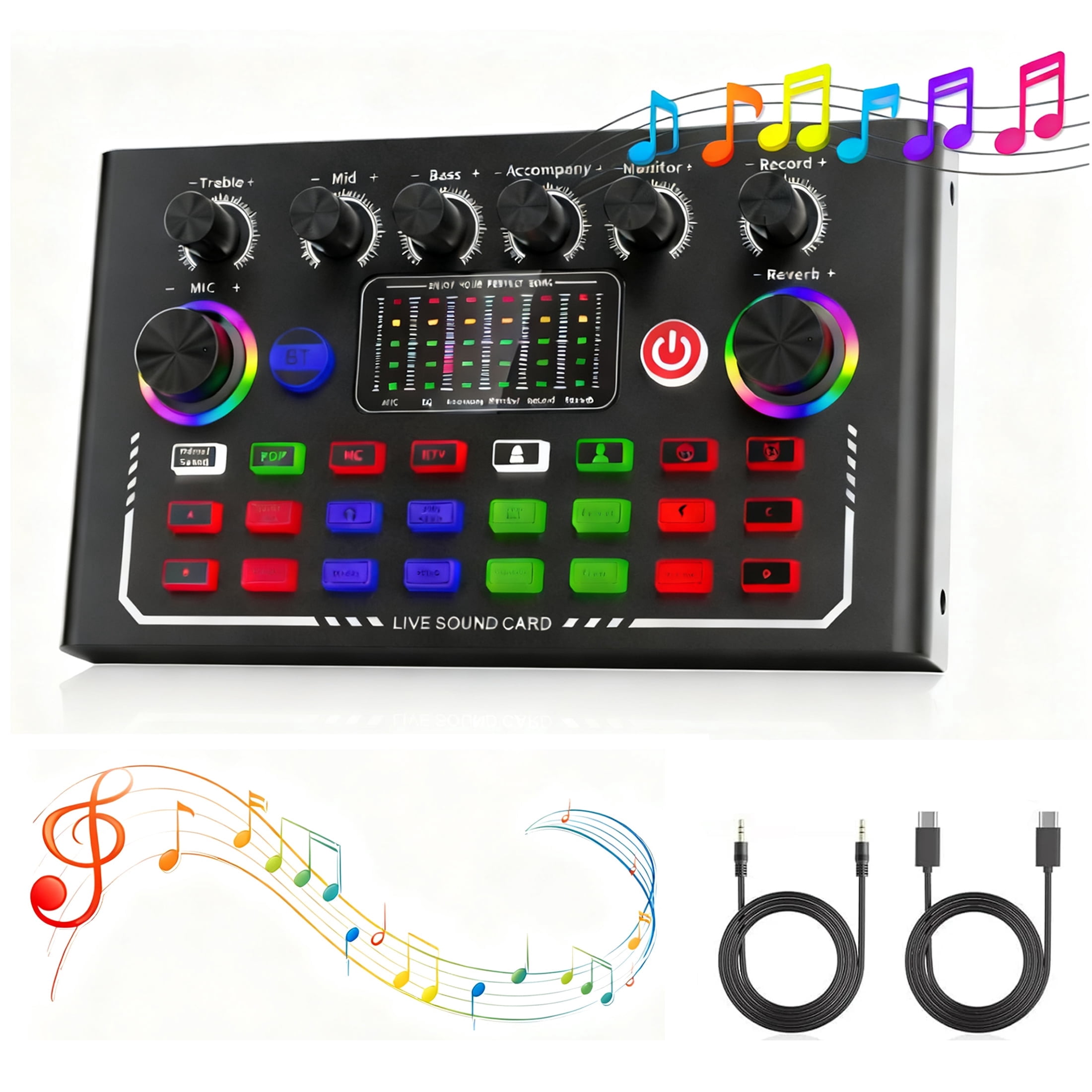 Live Sound Card, Wireless Bluetooth Audio Mixer, Podcast Audio Mixer with RGB Colorful Buttons, All-in-One Podcast DJ Device Live Broadcast Sound Card for PC Phone Karaoke Singing Gaming (Black)