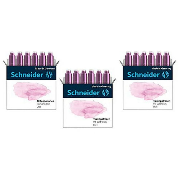 Schneider Ink Cartridge Pastel, Standard Format, Ball Closure, Refill for Fountain and Cartridge Rollerball Pens, Lilac Ink, Box of 6 Cartridges (166128)