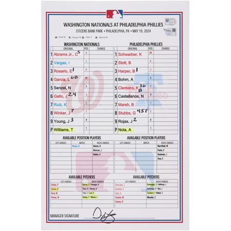 Washington Nationals Game-Used Lineup Card vs. Philadelphia Phillies on May 19 2024 – Fanatics Authentic Certified