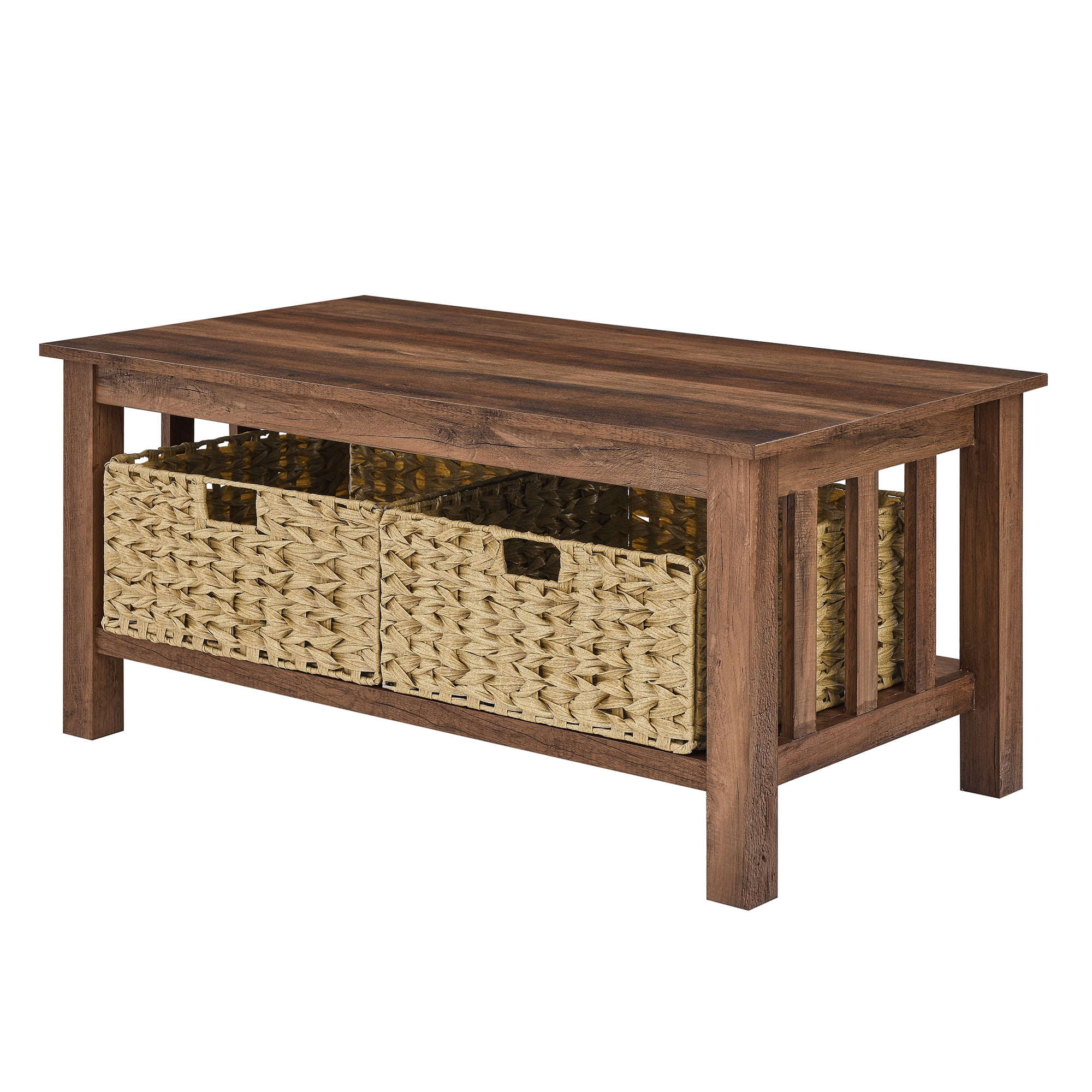 Woven Paths Farmhouse Mission Rectangle Coffee Table with Baskets, Reclaimed Barnwood