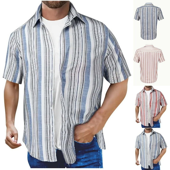 UVEASISHA Clearance Sales Prime Mens Striped Button Down Shirt Loose Fit Casual Short Sleeve Beach Shirts for Men Summer Lightweight Fashion Vacation Shirt Blue M