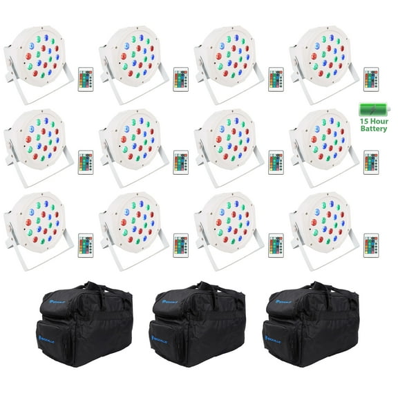 12) Rockville BATTERY PAR 50 White Rechargeable LED DMX DJ Wash Up-Lights Bags