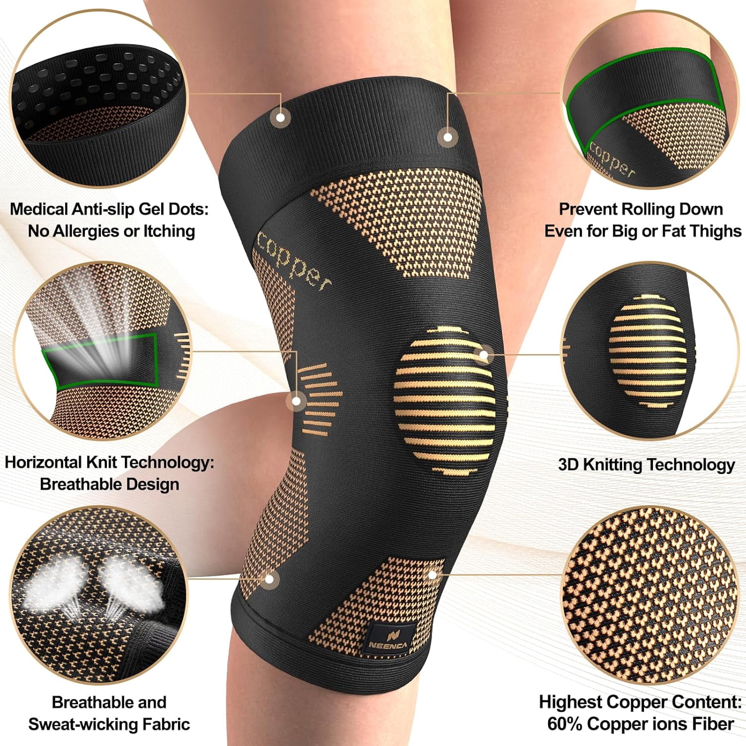 Copper Knee Br for Women and Men, Compression Sleeve Pain, Arthritis, ACL, Meniscus Tear, Joint Pain Relief, Support Running, Working Out, Fitness,Weightlifting-Single