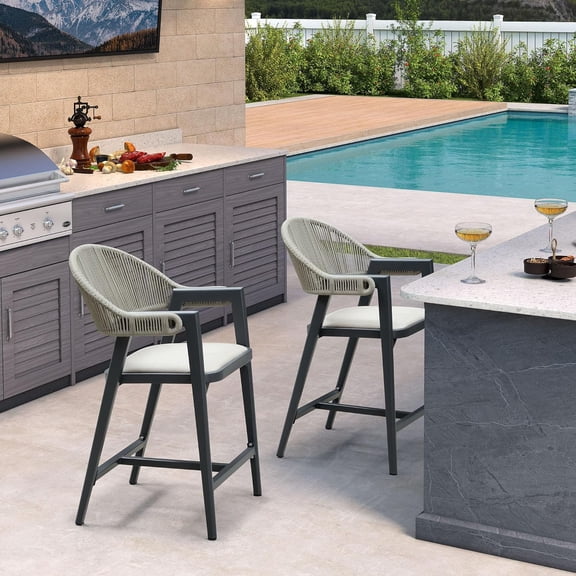 PURPLE LEAF Outdoor Counter Height Bar Stool Set of 2 Rattan Bar Chair with Back Aluminum Modern Barstools for Patio Backyard Indoor Kitchen Gray
