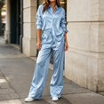 thumbnail image 2 of Xinoom Women's 2 Piece Satin Matching Set, Lapel Button Down Shirt & Drawstring Wide Leg Pants, Elegant Casual Outfit, Gift for Ladies, Dinner Gathering Light Blue,XL, 2 of 7