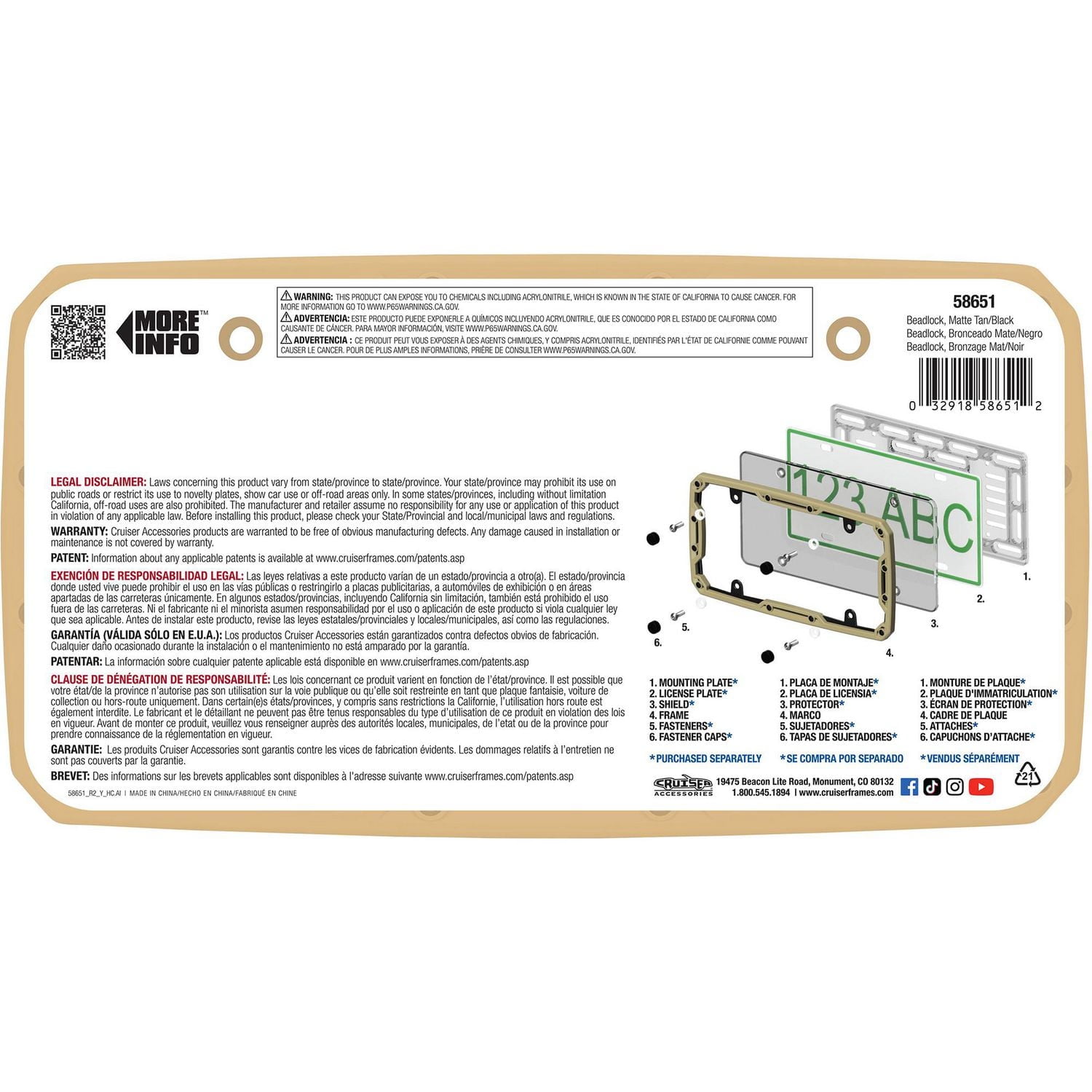 Cruiser Accessories Beadlock License Plate Frame, Matte Tan/Black, License Plate Frame