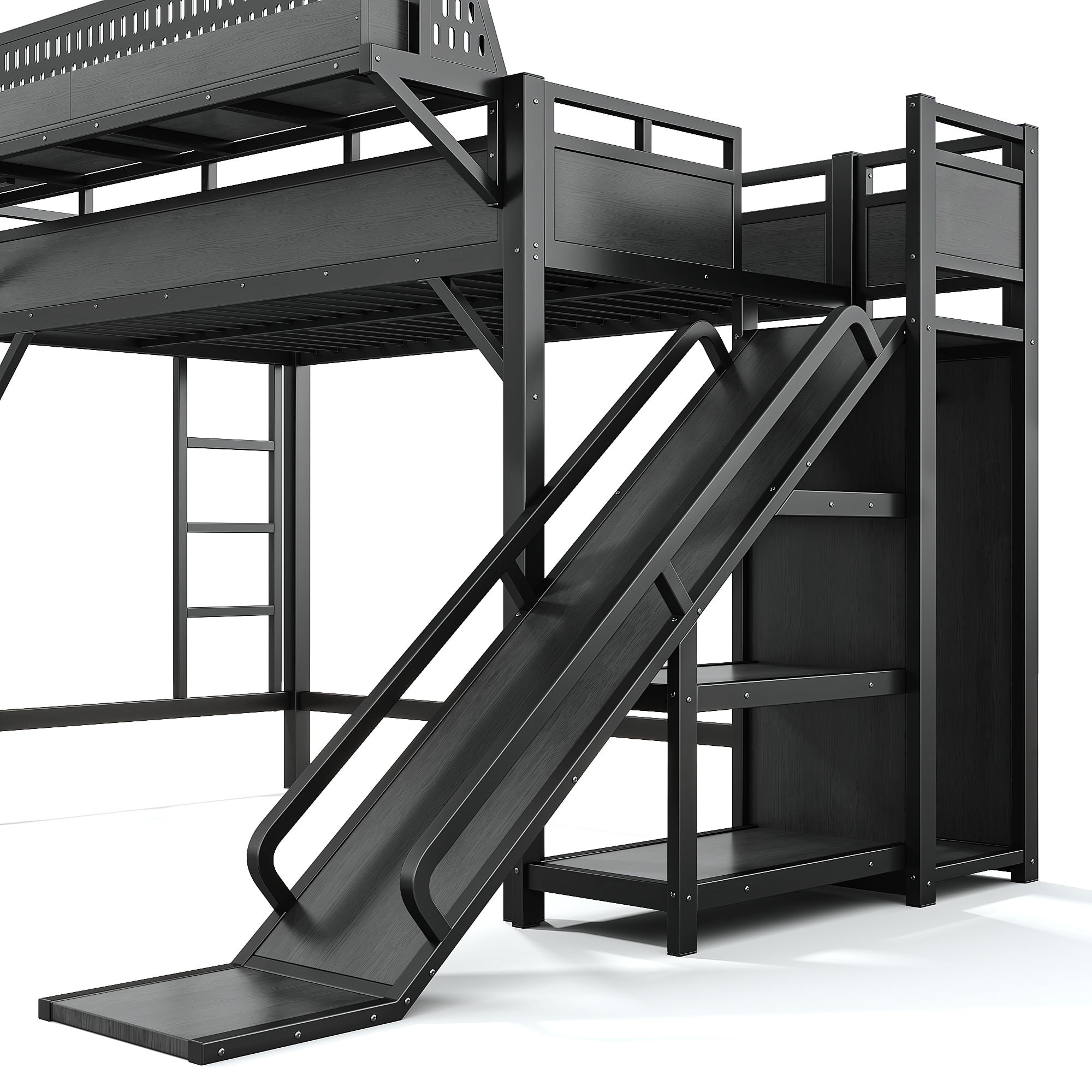 Aukfa Twin XL Metal Loft Bed with Slide, Shelves, Wardrobe, USB Ports & LED Lights, Space-Saving Bed Frame for Kids Teens Adults, Black