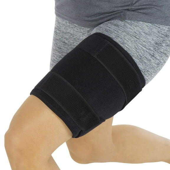 Thigh Brace - Hamstring Quad Wrap - Adjustable Compression Sleeve Support for Pulled Groin Muscle, Sprains, Quadricep, Tendinitis, Workouts, Sciatica Pain and Sports Recovery - Men, Women (Black)