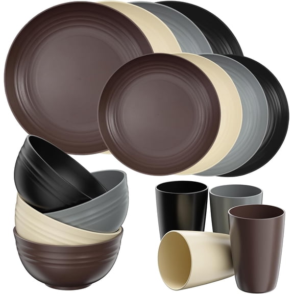 16 Piece Plates and Bowls Sets for 4, Unbreakable Dinnerware Sets, Plastic Dish Set for Camping, Dishwasher Microwave Safe, Outdoor Kitchen and Apartment Dorm Dinning RV Essentials, Brown
