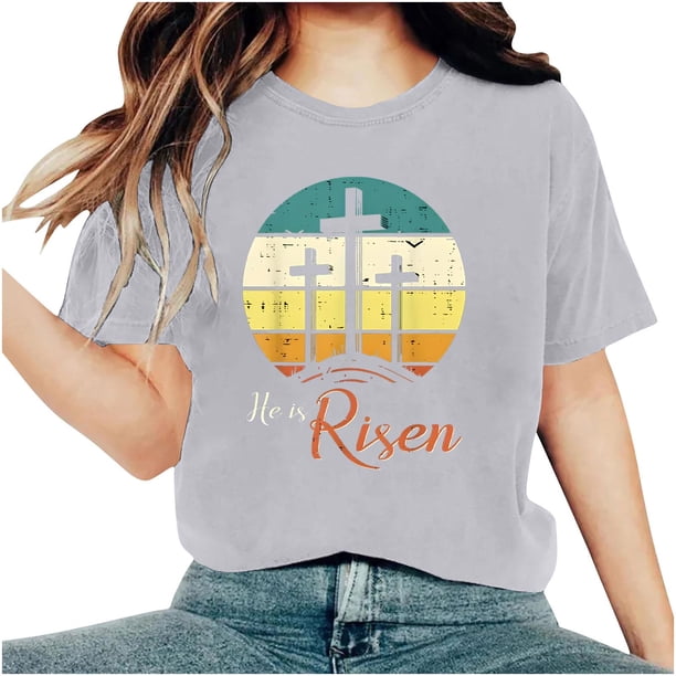 Camisetas de Cuello de Tripulación de Manga Corta para las Mujeres Cartas de Impresión de Pascua Camiseta de Manga Corta, Spandex de Poliéster