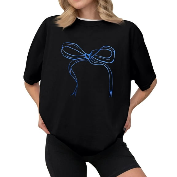 NAMTYQX Oversized Graphic Tees for Women Plus Size Graphic Cute Short Sleeve Crewneck Stretchy Breathable Boyfriend Print Womens Tops Black Size L