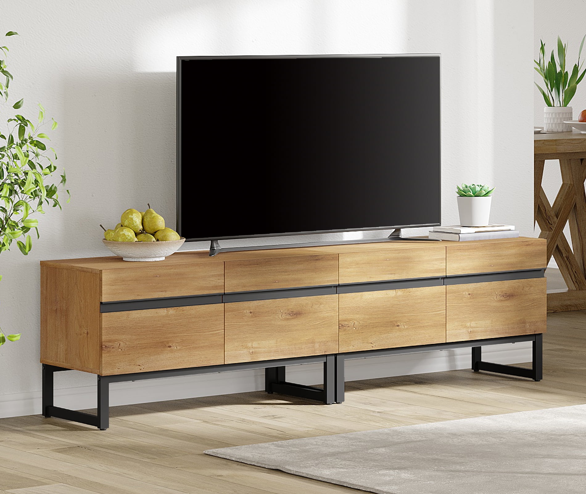 Modern 3-Piece Living Room Set, 71 Inch TV Stand And 2 End Table Sets With Drawers, Media Console with Storage Shelves, Sturdy Wood Frame & Metal Legs, Contemporary Furniture for Living Room,Oak