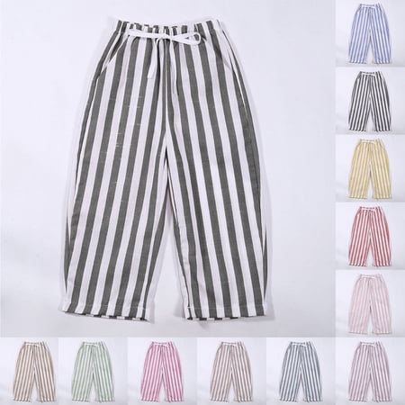 Boys Girls Striped Linen Blend Haram Pants Elastic Waist Lounge Pants Spring Summer Breathable Gauze Pants (Black 4-5 Years)