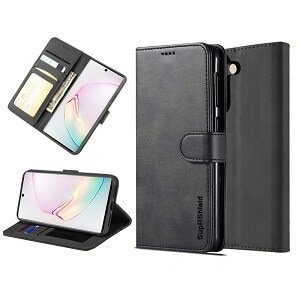 Samsung Galaxy Note 10 Plus Portefeuille SupRShield en Cuir Véritable Noir avec Support Magnétique