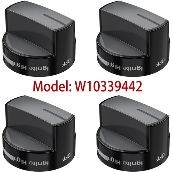 4 Pack W10339442 Gas Stove Knobs, Cooktop Surface Burner Control Knobs Black Replacement for Whirlpool Gas Range/Stove/Oven, WPW10339442 PS11753188