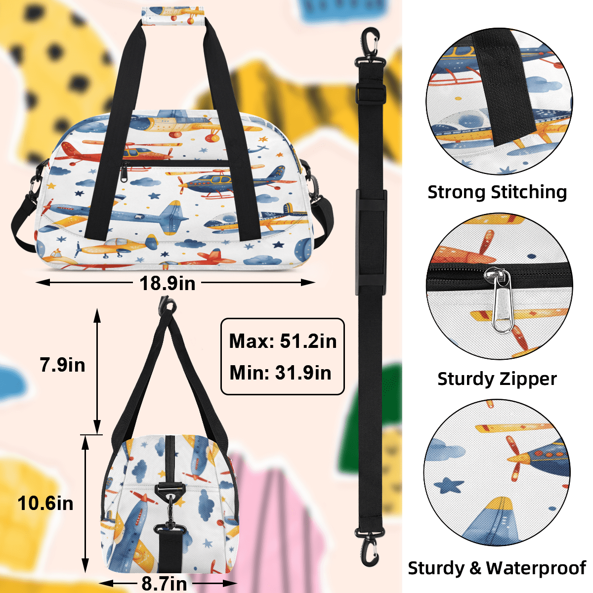 Herdesigns Airplane Sports Duffle Bag for Women & Men, Cartoon Gym Bag Dance Bag Overnight Bag Carry On Weekender Travel Bag