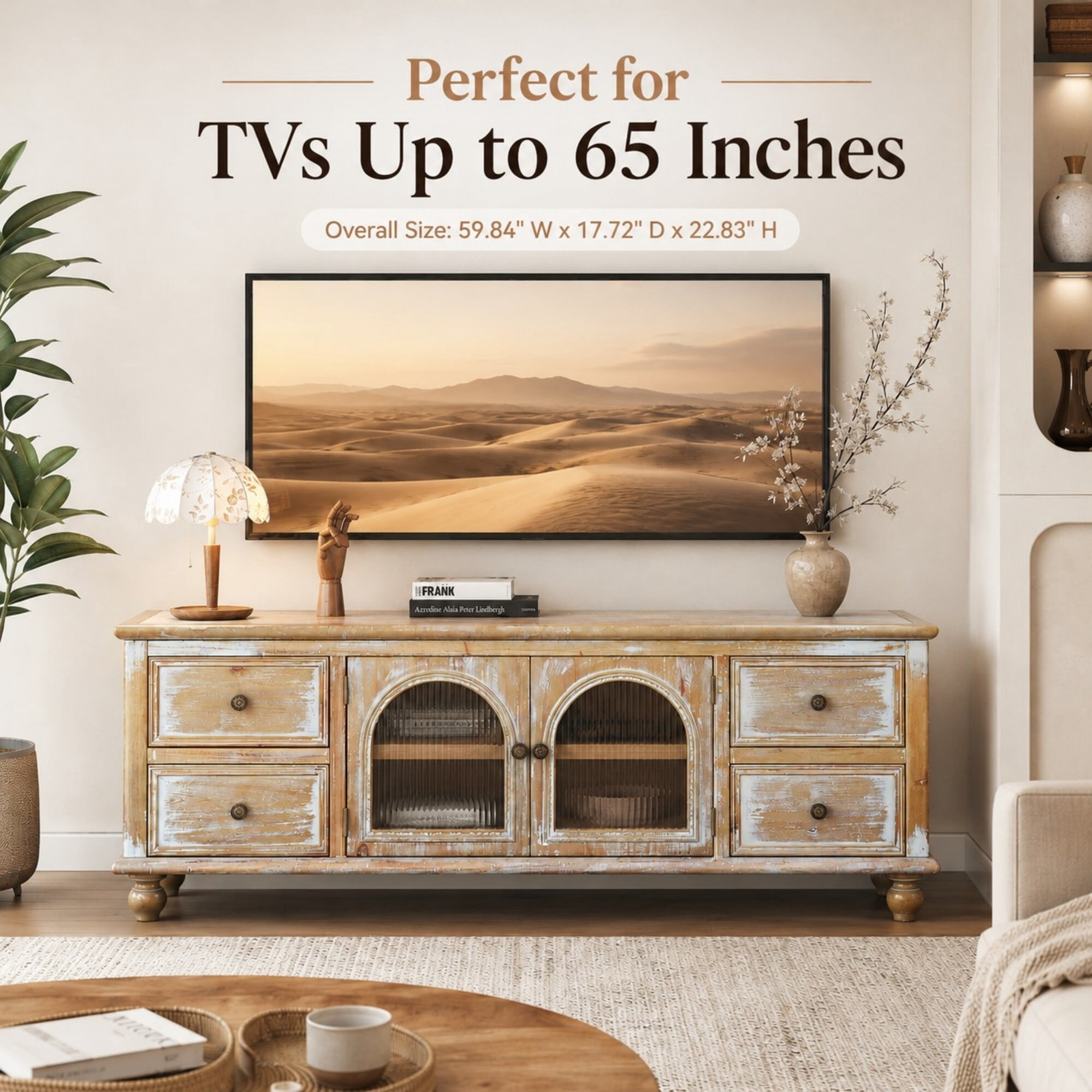 DEALTOPS 60 Inch Farmhouse TV Stand with 4 Drawers & 2 Glass Doors, Rustic Media Console – Natural Oak