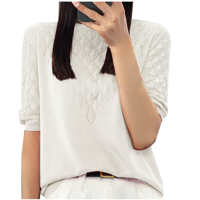 Olyvenn Women T-Shirt à Manches Courtes en Soie Glacée Tricotée pour Femmes, Col Rond Ample, Chandail Tricoté pour Femme, Haut Blanc TG