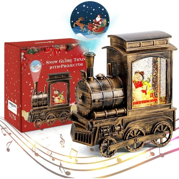 Christmas Snow Globe Lantern Train with Santa Sleigh Projection, Water Swirling Glitter Musical and Lighted USB Powered & Battery Operated Music Box for Christmas Home Decoration Gift