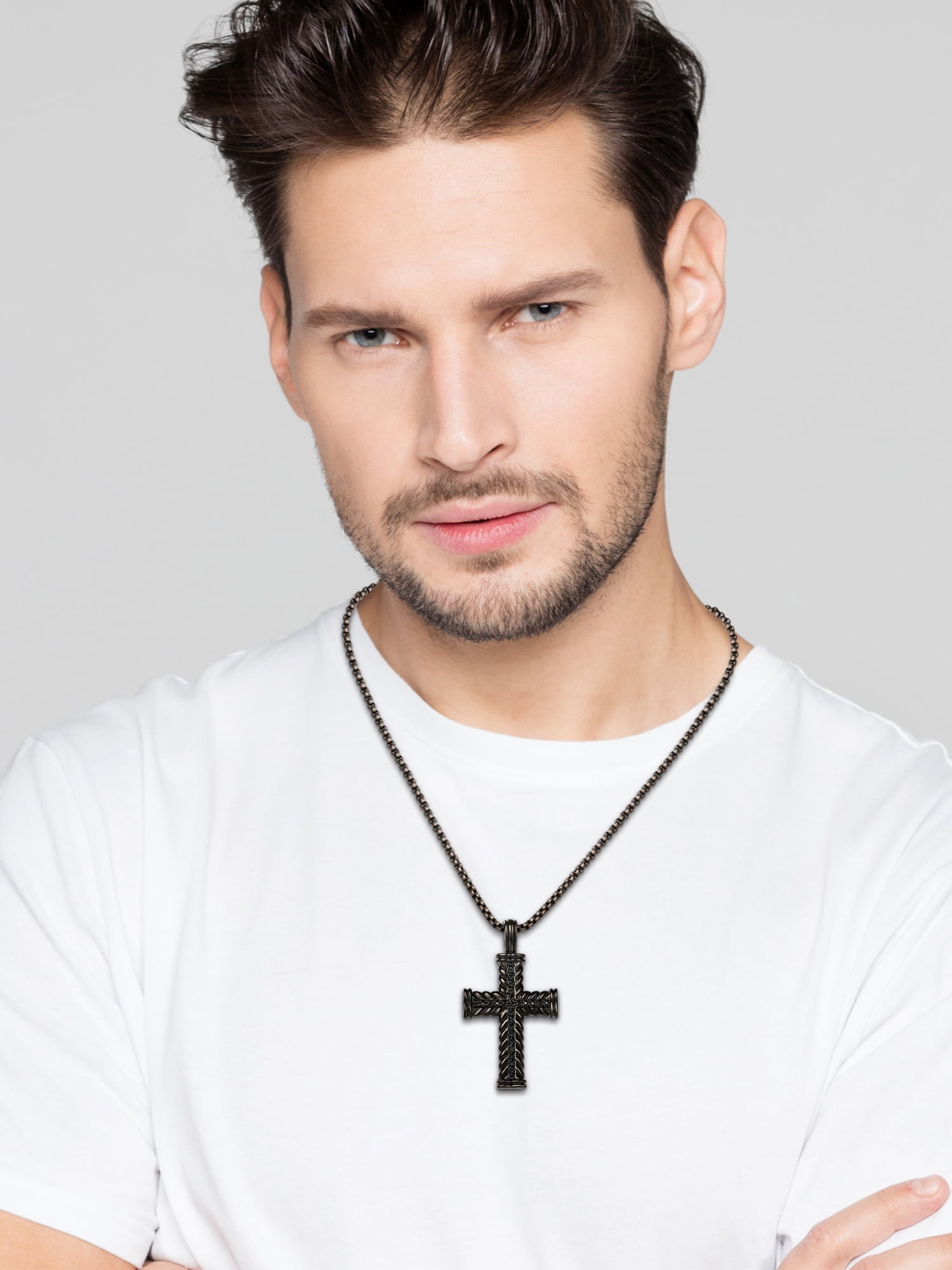 Brilliance Fine Women's Stainless Steel Black Plated CZ Cross Pendant Necklace, 22"
