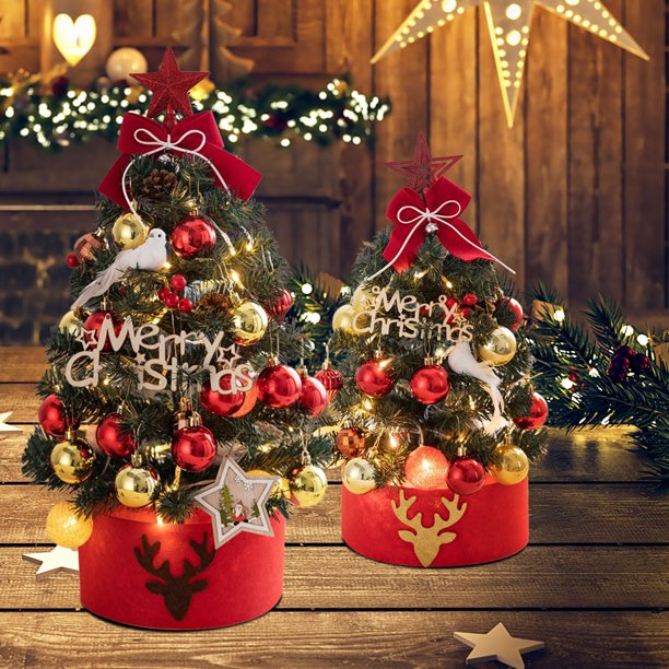 Mini árbol de Navidad con luces - Árbol de sobremesa de 17,7" o 23,6" con 20 conos LED y decoraciones • Alimentado por pilas • Decoración navideña para la oficina en casa