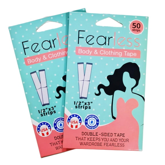 2 Packs 100 Strips Fashion Clothing Tape Double Sided Clear Fabric Adhesive Tape for Clothing, Body & Dresses, All Day Strong Hold, Skin-Safe