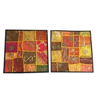 Mogul Vintage Patchwork Cotton Cushion Cover Sequin Embroidered Yellow Red Pillow Sham Bohemian Decor 16X16