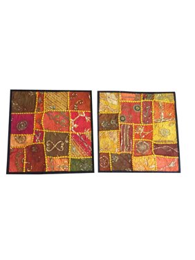 Mogul Vintage Patchwork Cotton Cushion Cover Sequin Embroidered Yellow Red Pillow Sham Bohemian Decor 16X16