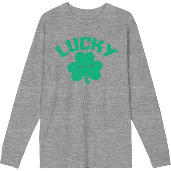 St. Patrick's Lucky Clover Heather Gray Adult Crew Neck Long Sleeve Tee-Medium