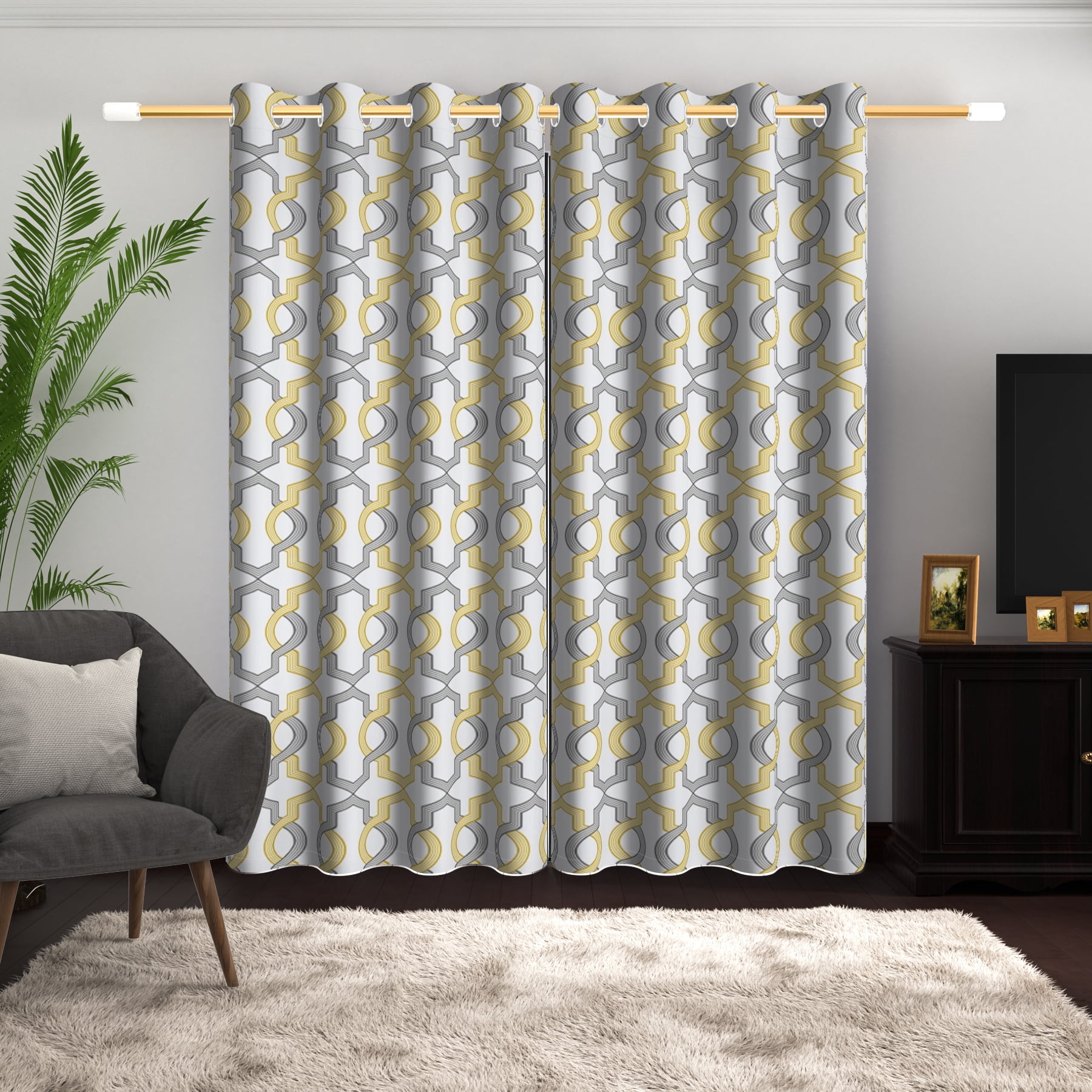 Lfeey Blackout Curtains for Bedroom, Plaid Yellow Gray Geometric Pattern Curtains with Top Grommets, 52"x84", 2 Panels