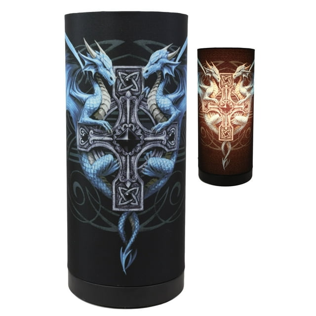 Anne Stokes Gothic Blue Dragon Duo With Celtic Cross Table Column Shade Lamp 11"