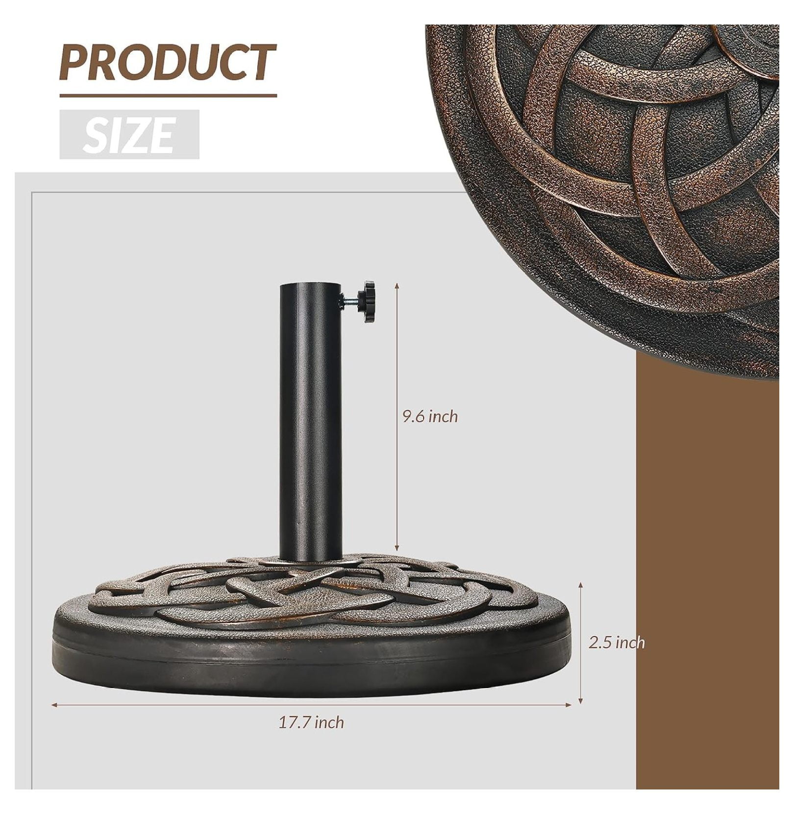 Heavy-Duty Umbrella Base with Adjustable Pole Holder, 35 Lbs, Bronze - Outdoor Stand and Support for Umbrellas - Ideal for Backyard, Lawn, Poolside, Patio, and Garden