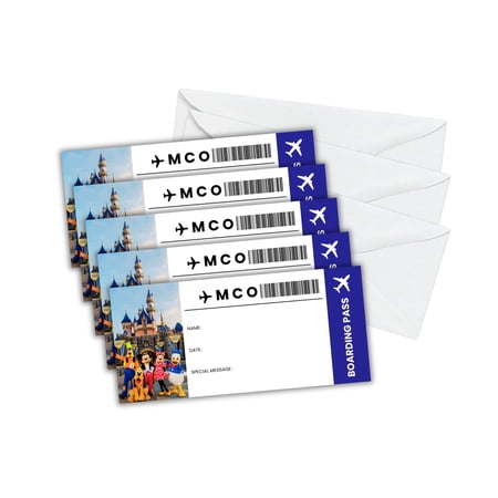 Boarding Pass Surprise Magical MCO 5pk w/ Envelopes Kingdom Mouse 3.75x8.25 DIY Travel Plane Ticket Castle Land Princess Airport Card
