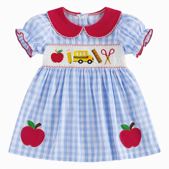 mgoYE Toddler Baby Girl Back to School Outfit Apple Sleeveless Dress Fly Sleeve Smocked Dresses Girls Summer Clothes(Blue,5-6 Years)