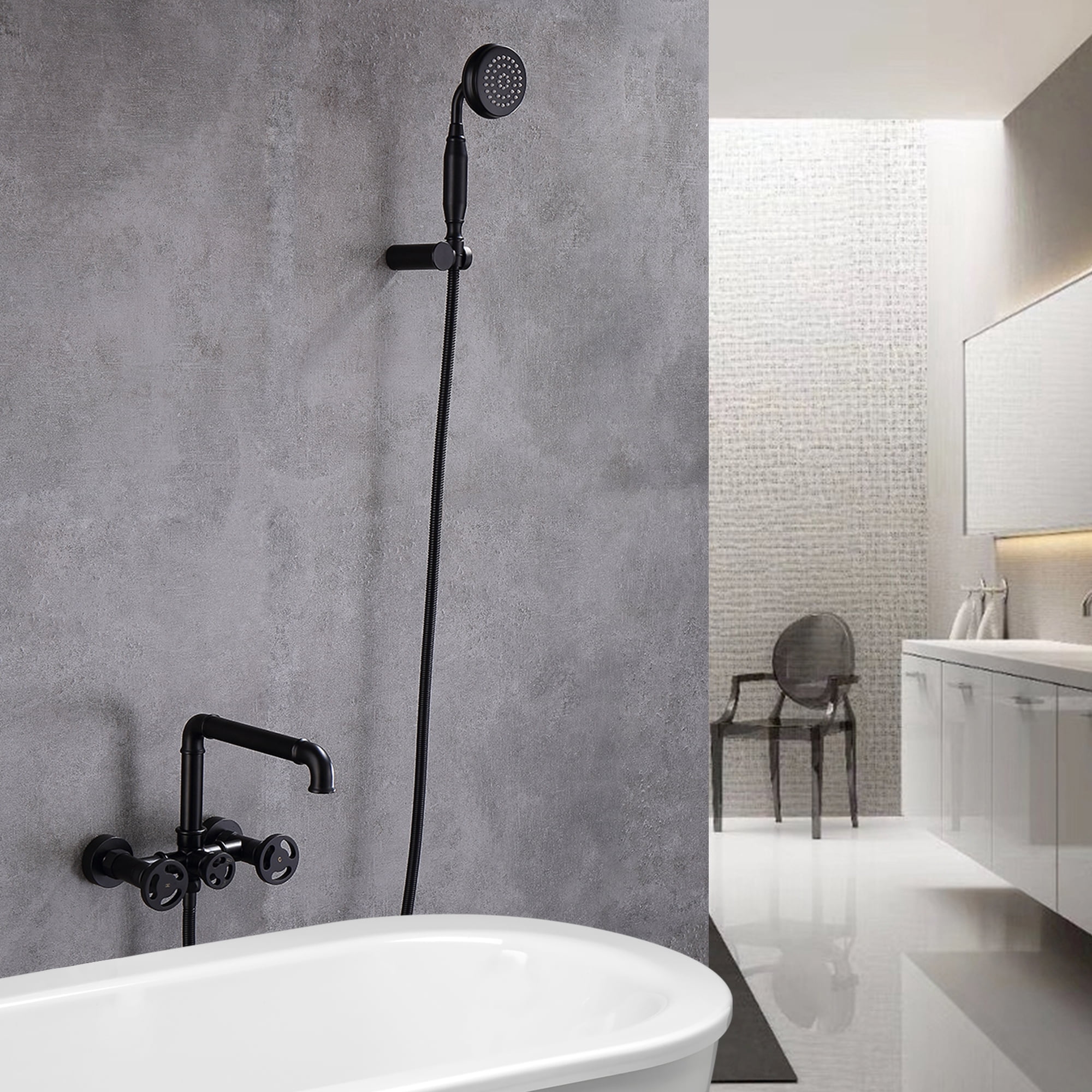 Three Wheel Handle Industrial Pipe Wall Mounted Bathtub Filler Faucet with Hand-held Shower