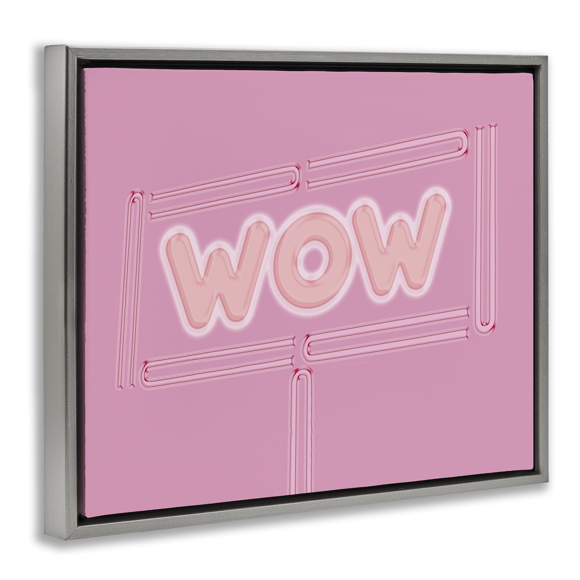 Stupell Industries Wow Neon Lights Style Text & Numbers Painting Gray Floater Framed Canvas Art Print Wall Art, 21 x 17