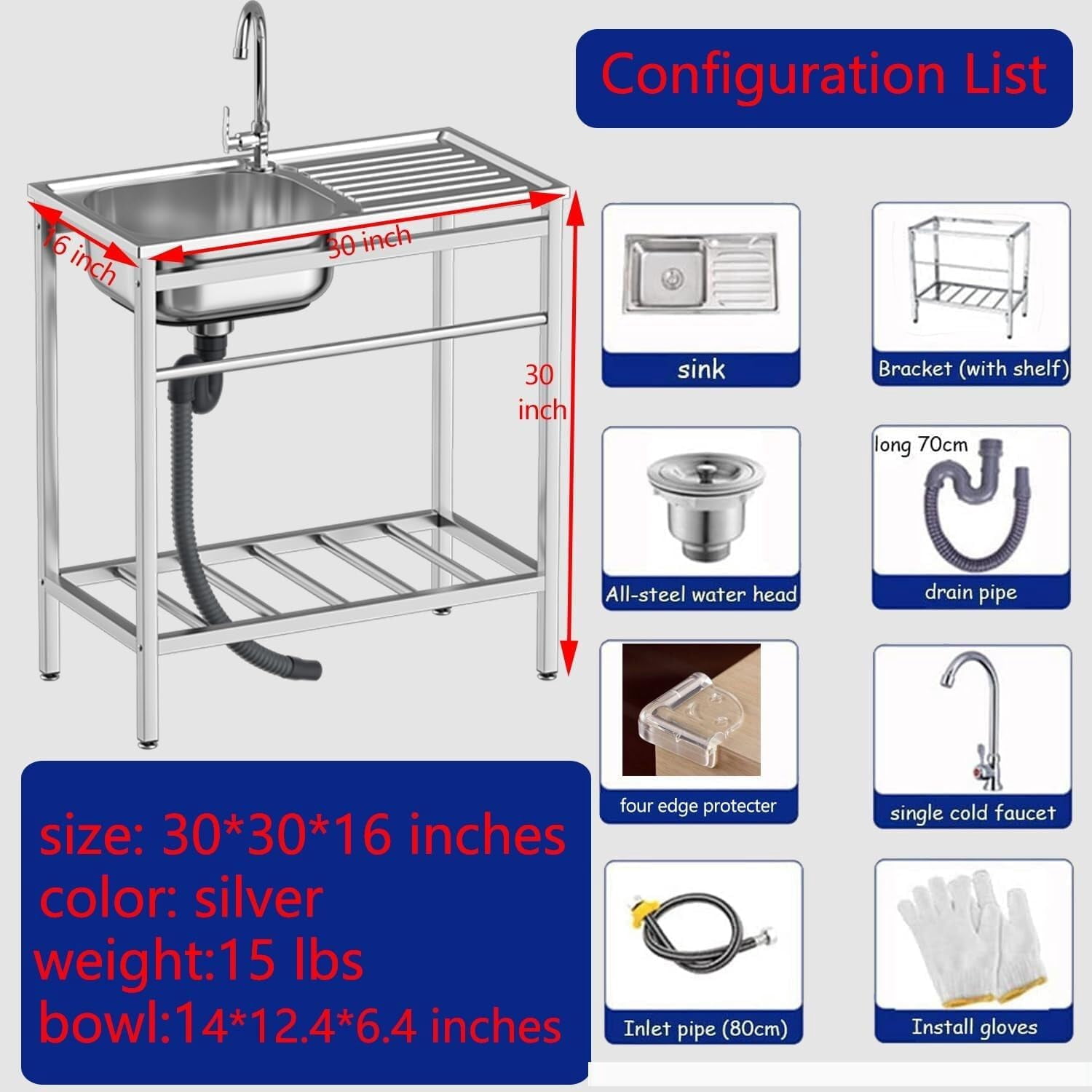 Free Standing Single Bowl Kitchen Sink, Stainless Steel Utility Sink with Cold and Hot Water Pipe for Kitchen, Garage, Backyard
