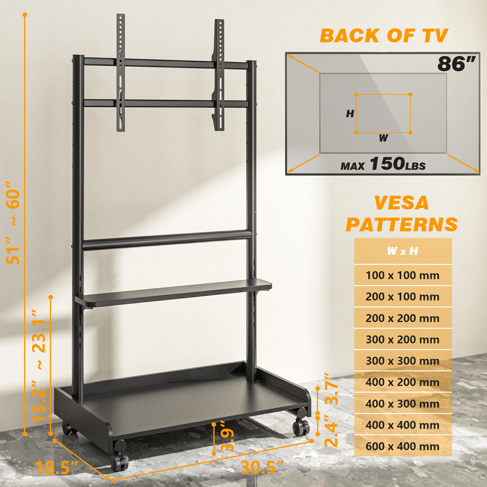 RTVR Modern Rolling TV Stand for 40-86 inch TVs, with 4 Universal Silent 360° Caster Wheels & Storage Shelf, Black