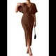thumbnail image 2 of Vestido de Cóctel para Mujer, con Efecto Metalizado, Cruzado, Color Liso, Escote en V, Plisado, Abertura Alta, Corta, Midi, Color Café, L, 2 of 9