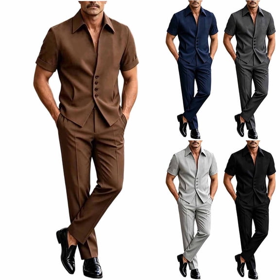 Men's Business Casual 2 Piece Suit Set, Short Sleeve Lapel Collar Button Down Shirt & High Waist Straight Leg Dress Pants, Loose Fit formal Daily office Outfit Brown