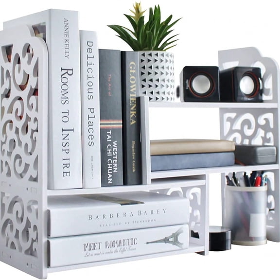 Corner Desk Organizer with Expandable Bookshelf and Pegboard, White