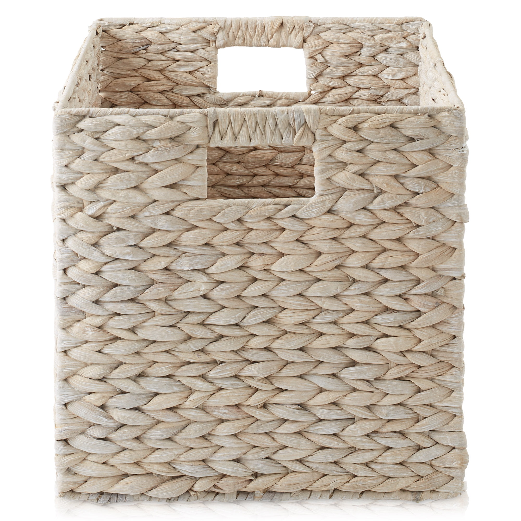 Casafield 12" x 12" Water Hyacinth Storage Baskets, Whitewash - Set of 6 Collapsible Cubes, Handwoven Organizer BIns for Bathroom, Bedroom, Laundry