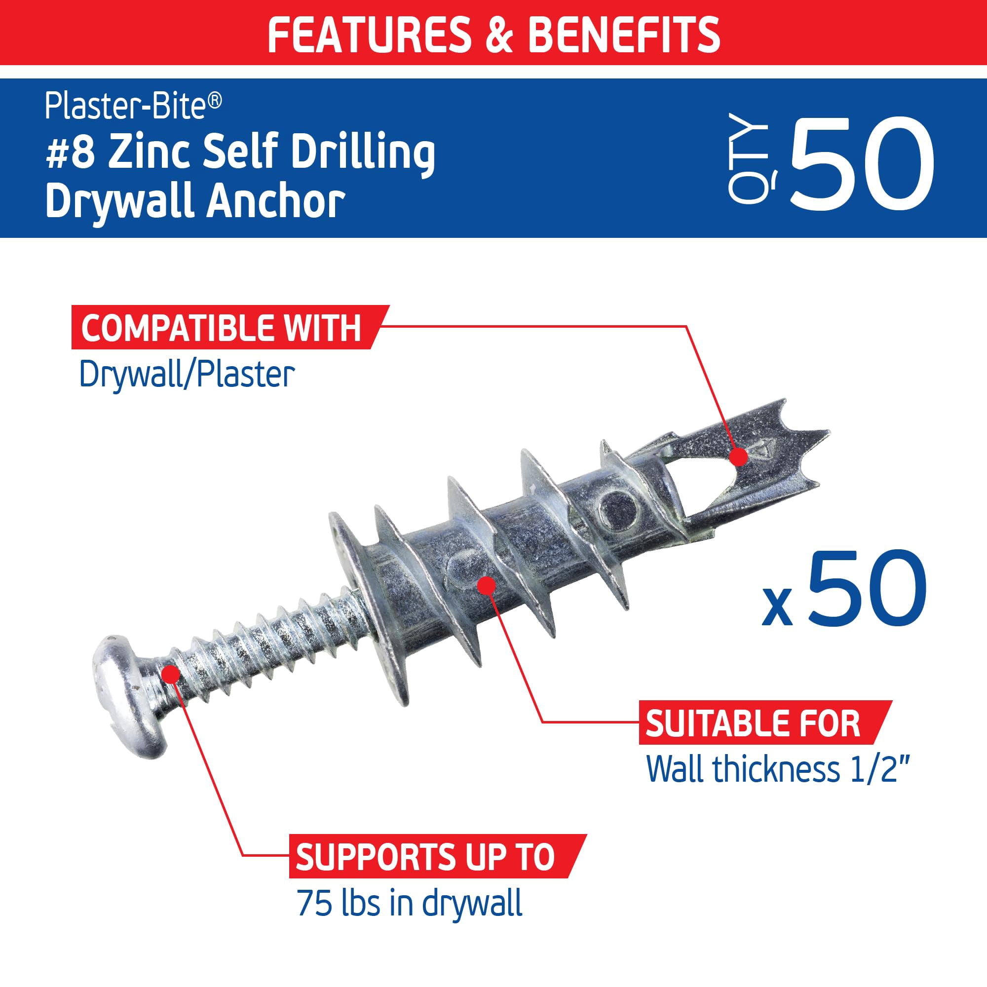 #8 Zinc Plaster Bite Self Drilling Drywall Anchors w/Screws (25 Anchors & 25 Screws) – Heavy Duty Zinc Hollow Wall Anchor Kit for 3/8", 1/2", 5/8" Drywall – 75 lbs Holding Strength