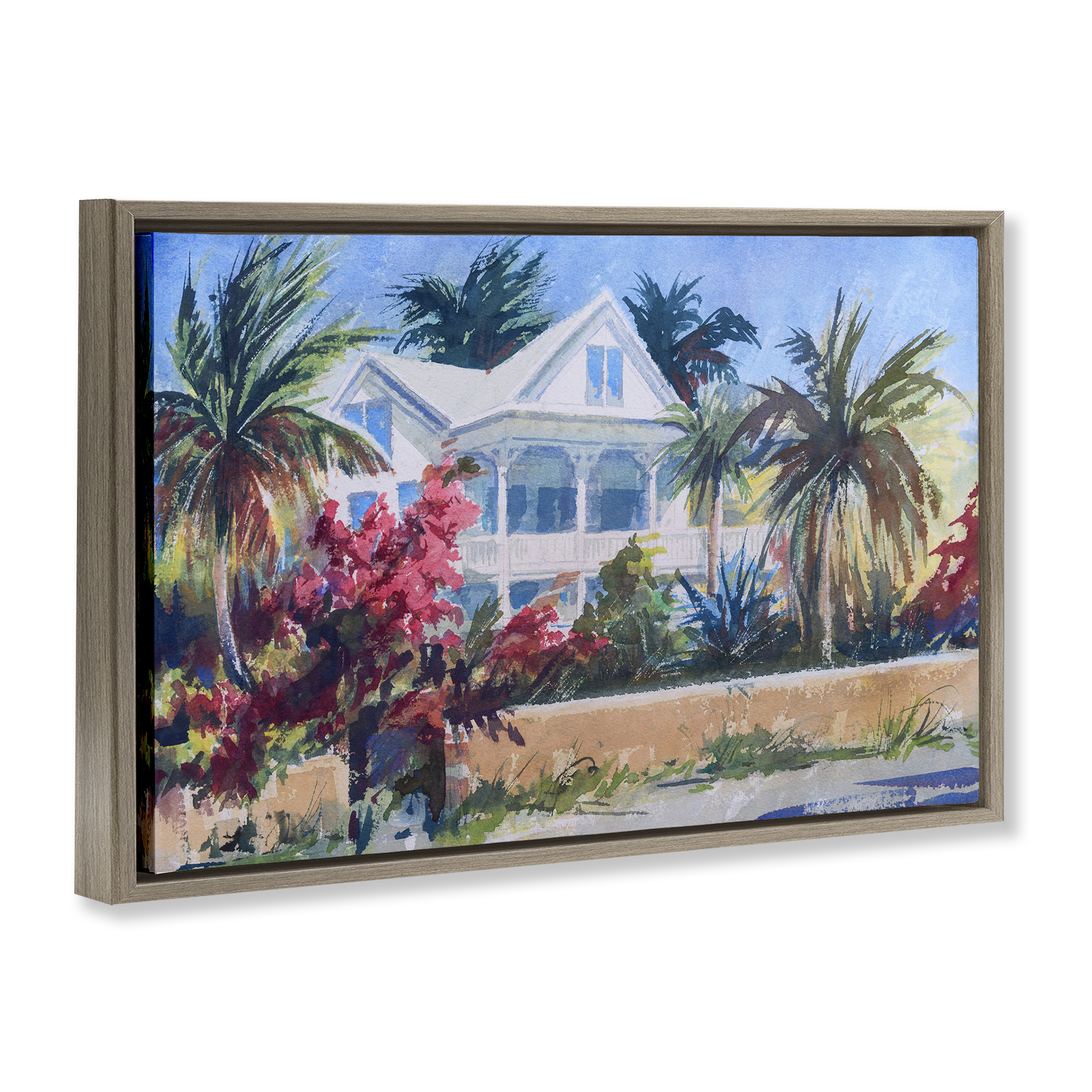 Stupell Industries Palm Tree Cottage Landscape Painting Brown Floater Framed Canvas Art Print Wall Art, 31 x 21