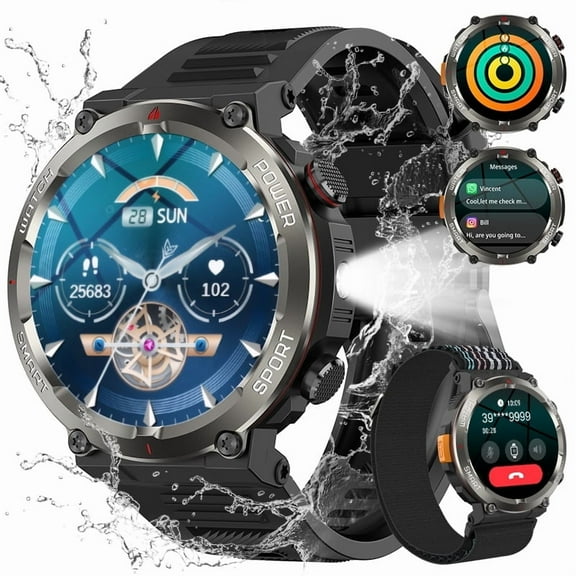 1.43-Inch IOWODO Military Smart Watch For Men, Outdoor Sports Fitness Tracker Watch, With Answer/Make Calls/100 Sports Modes, Fits For Android And Iphone Devices Black