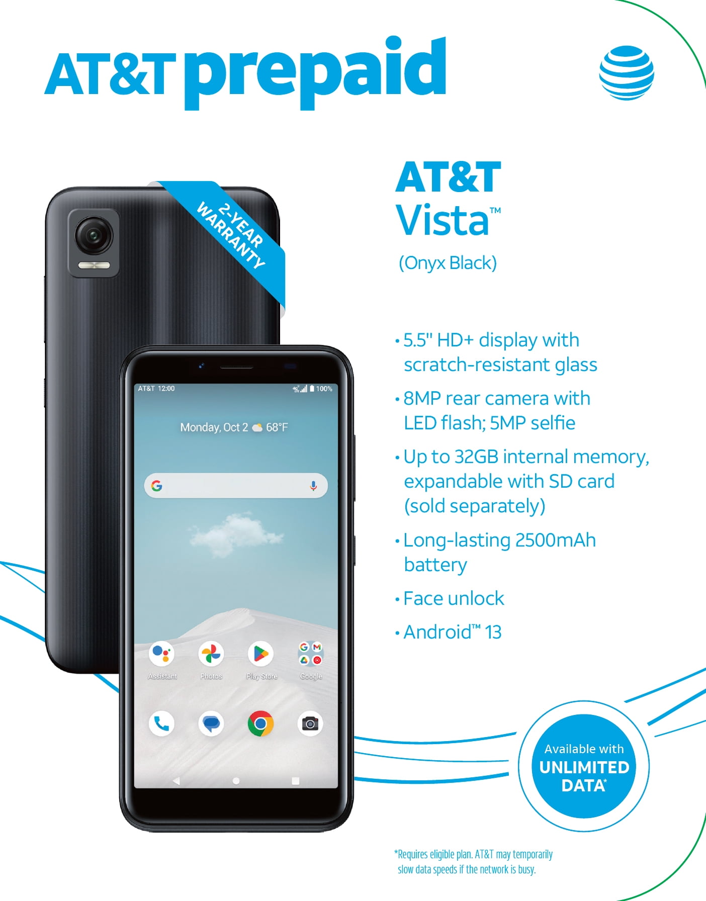 AT&T Vista, 32GB, Onyx Black - Prepaid Smartphone