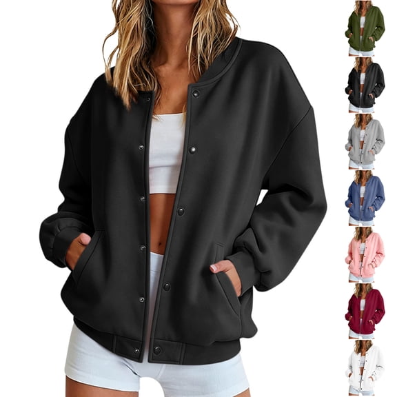 TGSLY Fall Baseball Jacket for Women Casual Snap Button Down Long Sleeve Cardigan Coat Oversized Solid Color Shacket Jacket with Pockets XXL