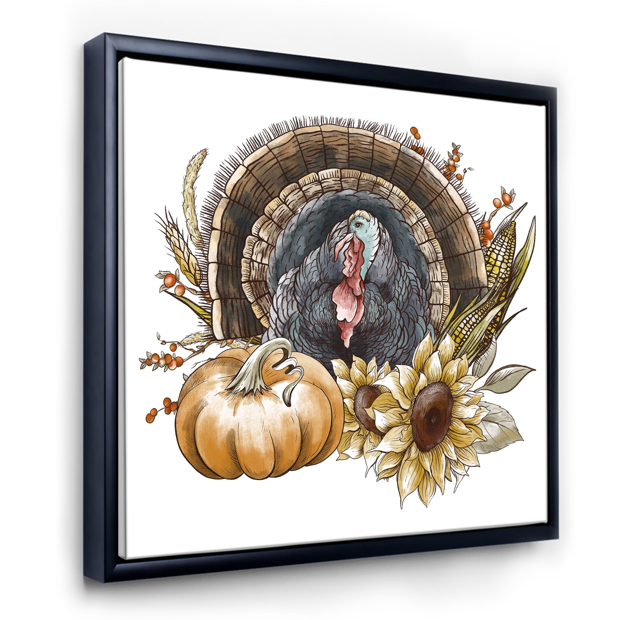 Designart 'Thanksgiving Vintage Turkey Pumpkin and Sunflowers ' Farmhouse Framed Canvas Wall Art Print