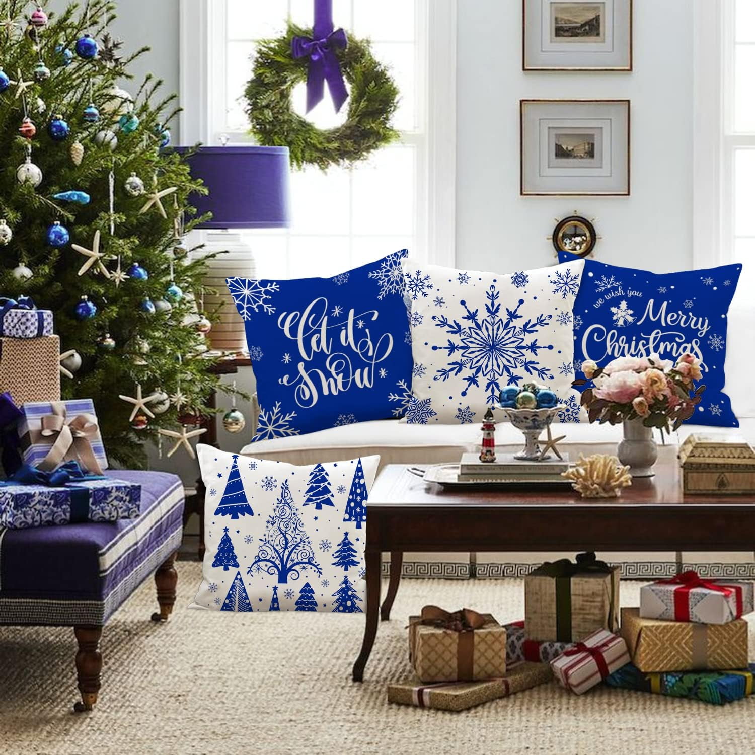 Christmas Throw Pillow Covers 18x18 Set of 4, Merry Christmas Winter Xmas Snowflake Decorative Holiday Cushion Pillow Cases 18 x 18 for Outdoor Indoor Farmhouse Home Room Couch Decor (Blue)