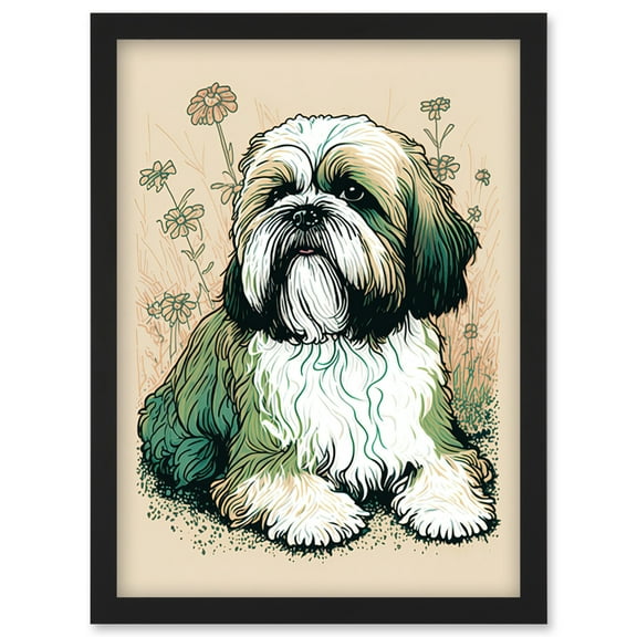 Shih Tzu Dog with Daisies Modern Multicoloured Linocut Illustration Artwork Framed Wall Art Print A4